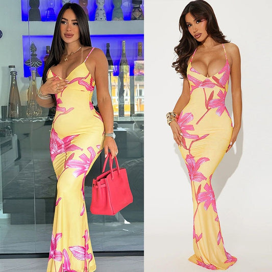 Chic and stylish floral pattern spaghetti strap maxi dress for ladies