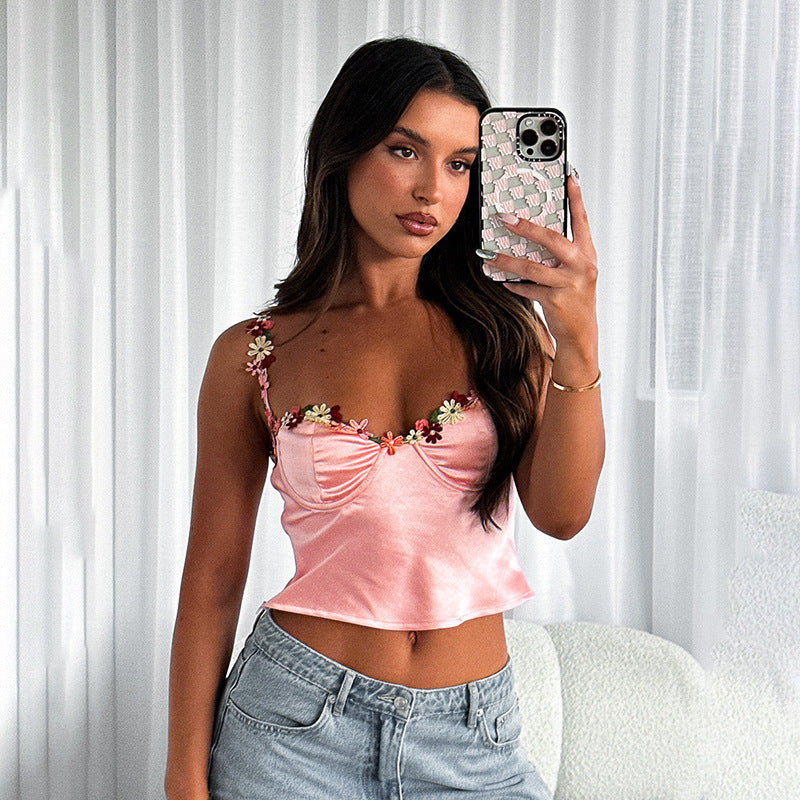 Dames Crop Top en Velours Floral Décoré Chic und Stil