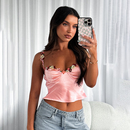 Dames Crop Top en Velours Floral Décoré Chic und Stil