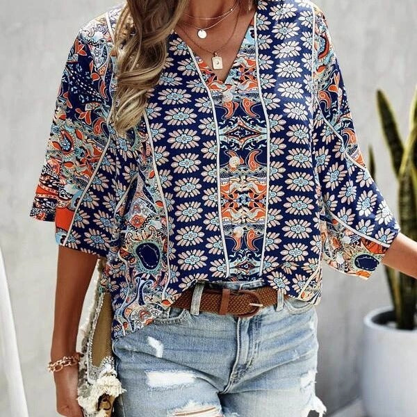 Dames haut léger ample avec motif floral et décolleté en V Chic und Stil