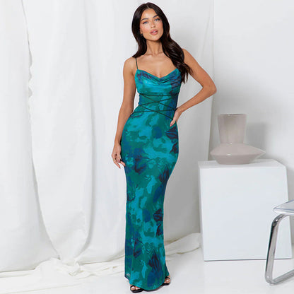 Chic and Stylish Women's Spaghetti Strap Maxi Dress with Draped Collar
