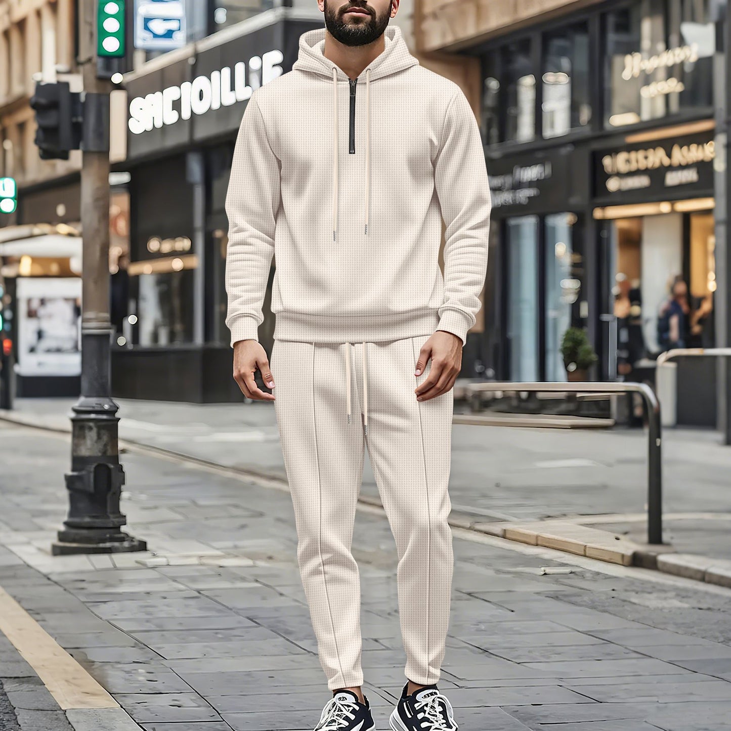Men's sporty hoodie and jogging pants set in breathable material with chic and stylish accents