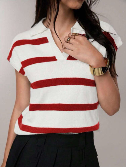 Femmes Pull court à manches courtes rayé avec col polo Chic und Stil