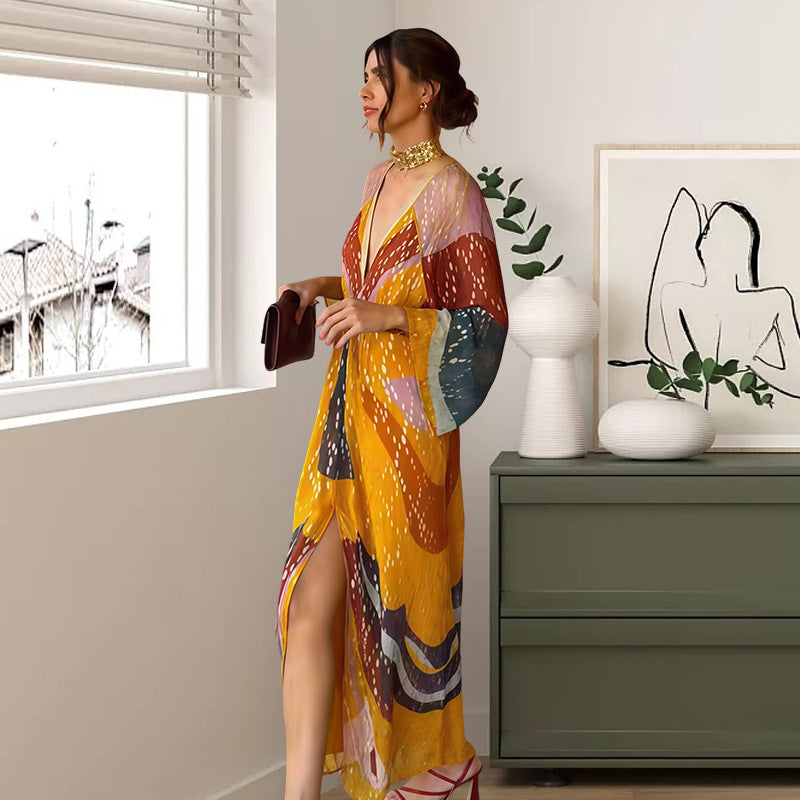 Robe maxi pour femmes avec imprimé coloré et manches longues modernes Chic und Stil