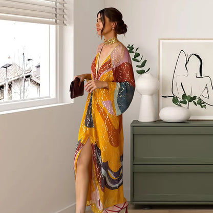 Robe maxi pour femmes avec imprimé coloré et manches longues modernes Chic und Stil