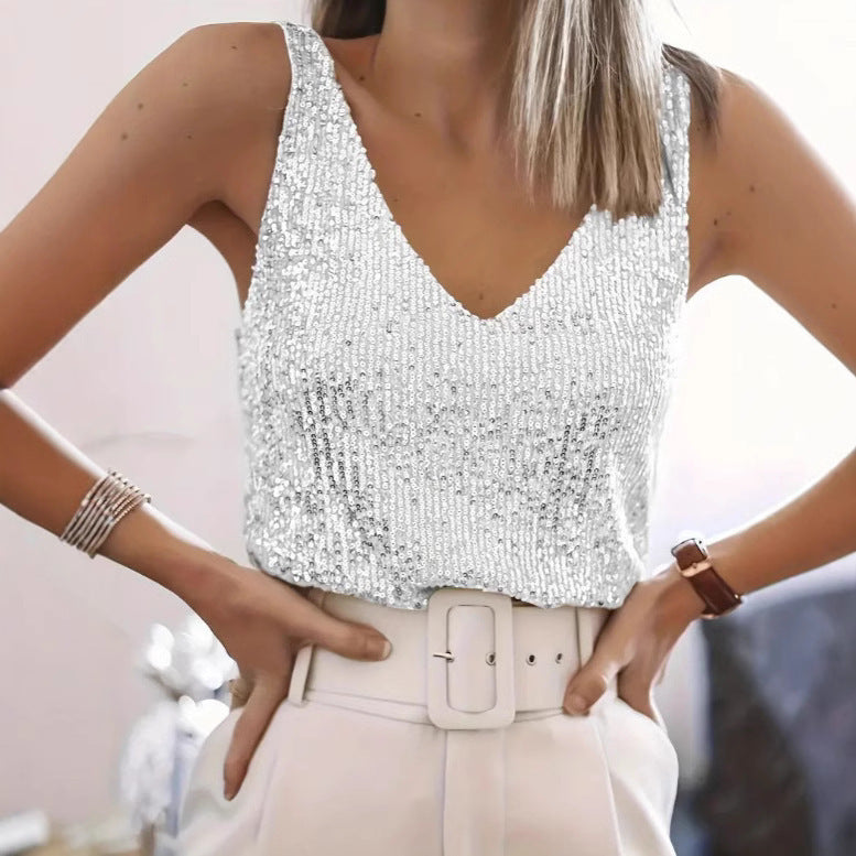 Dames Débardeur Paillettes en V Chic und Stil