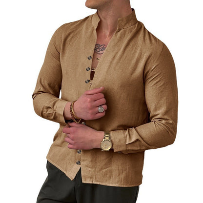 Chemise à manches longues pour hommes avec patte de boutonnage et col montant à la mode Chic und Stil