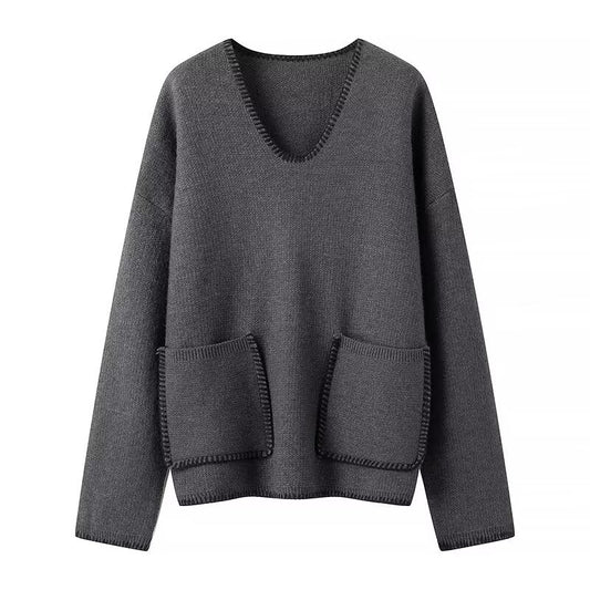 Pull à tricoter décontracté pour femmes avec décolleté en V et poches pratiques Chic und Stil