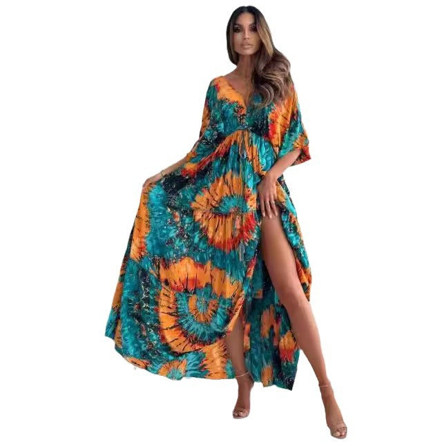 Robe maxi femme avec décolleté élégant au dos et manches volantées amples Chic und Stil