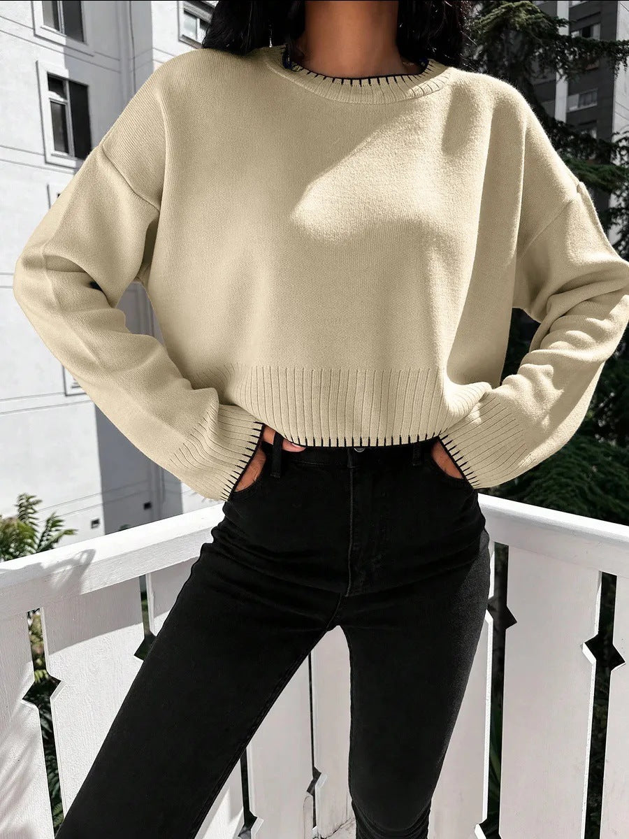 Femme pull court décontracté avec une fine structure en côtes et une taille élastique Chic und Stil