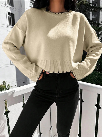 Femme pull court décontracté avec une fine structure en côtes et une taille élastique Chic und Stil