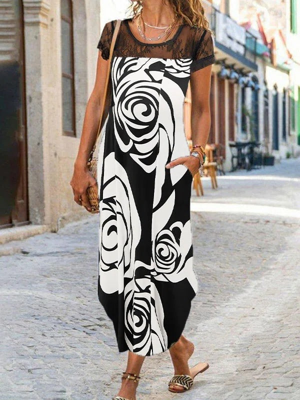 Robe maxi pour femmes avec haut en dentelle transparent et détails floraux Chic und Stil