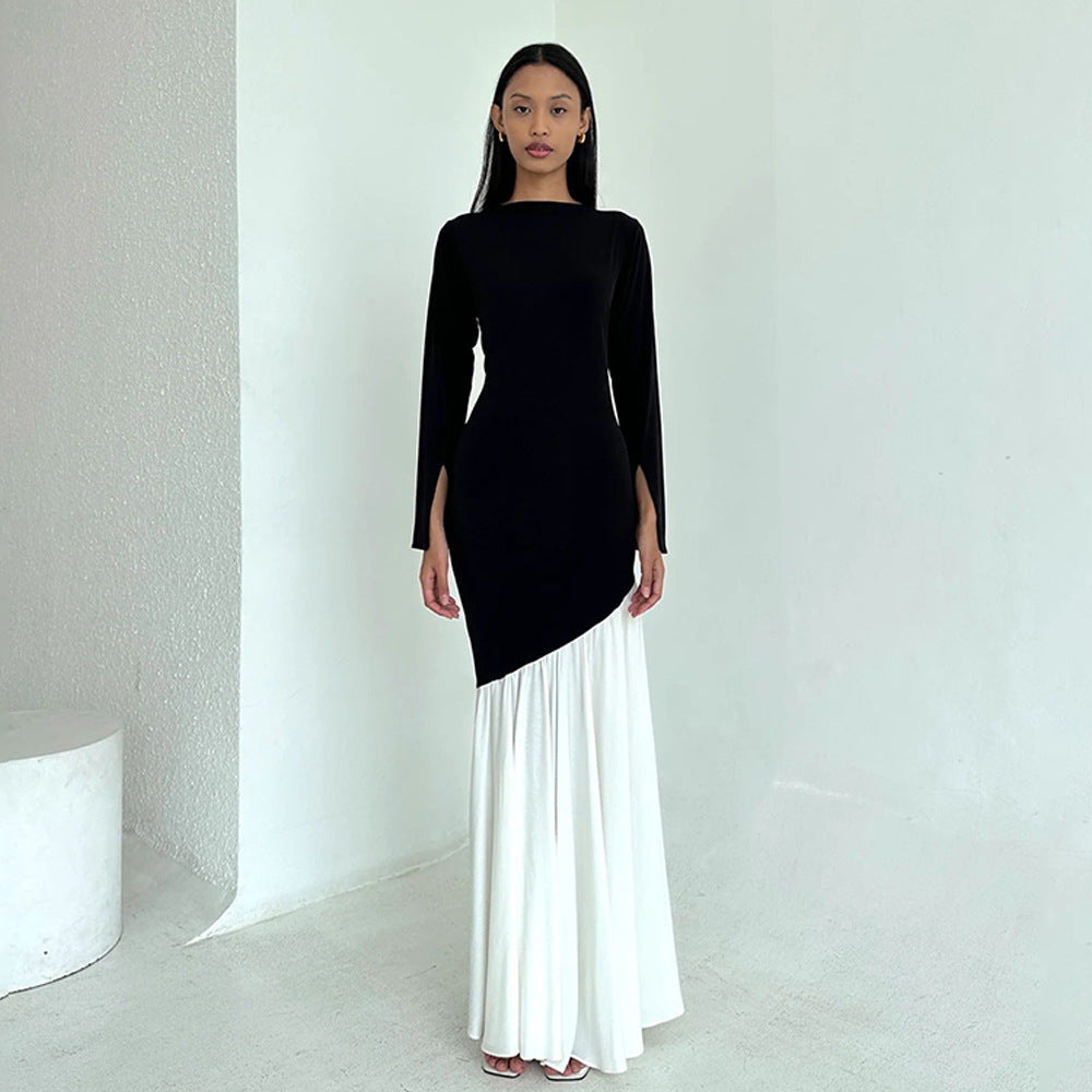 Robe maxi élégante et asymétrique pour dames avec des manches longues et des contrastes de couleurs Chic und Stil