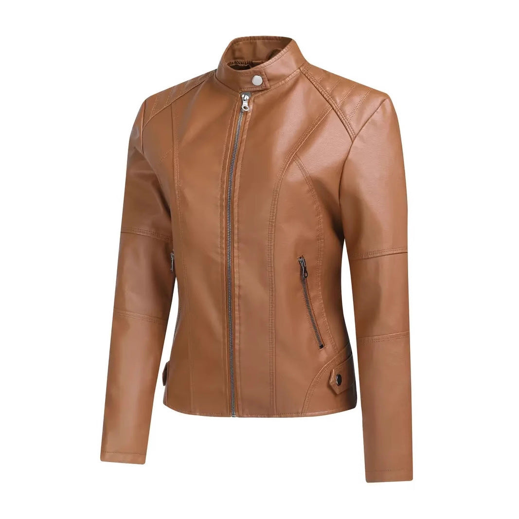 Dames Élégante Veste de Moto en Cuir Synthétique avec Col Haut et Fermeture Éclair Asymétrique Chic und Stil
