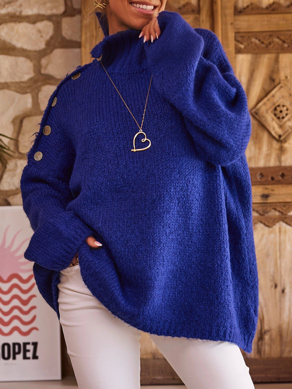Pull en grosse maille pour femmes avec col haut et détails de boutons à la mode Chic und Stil
