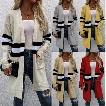 Dames élégante veste en tricot avec larges rayures et poches Chic und Stil