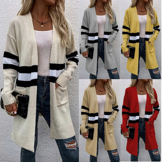 Dames élégante veste en tricot avec larges rayures et poches Chic und Stil