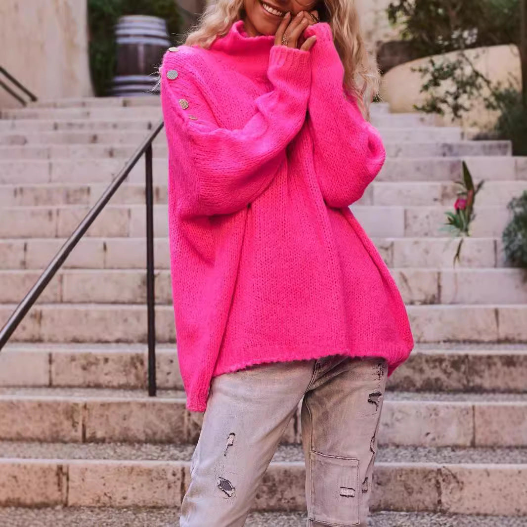 Pull en grosse maille pour femmes avec col haut et détails de boutons à la mode Chic und Stil