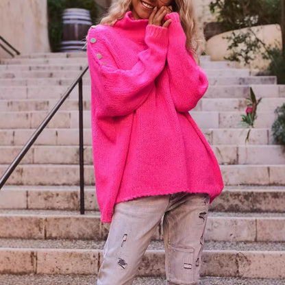 Pull en grosse maille pour femmes avec col haut et détails de boutons à la mode Chic und Stil