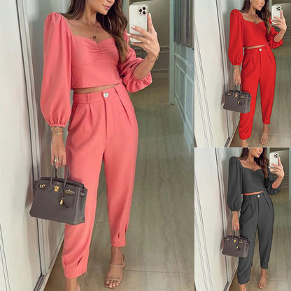 Chic and Style fashionable women's set with puff sleeves and high-waisted pants