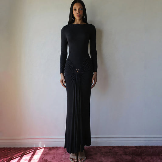 Dames Élégante Robe Maxi avec Détails Drapés et Manche Longue Chic und Stil