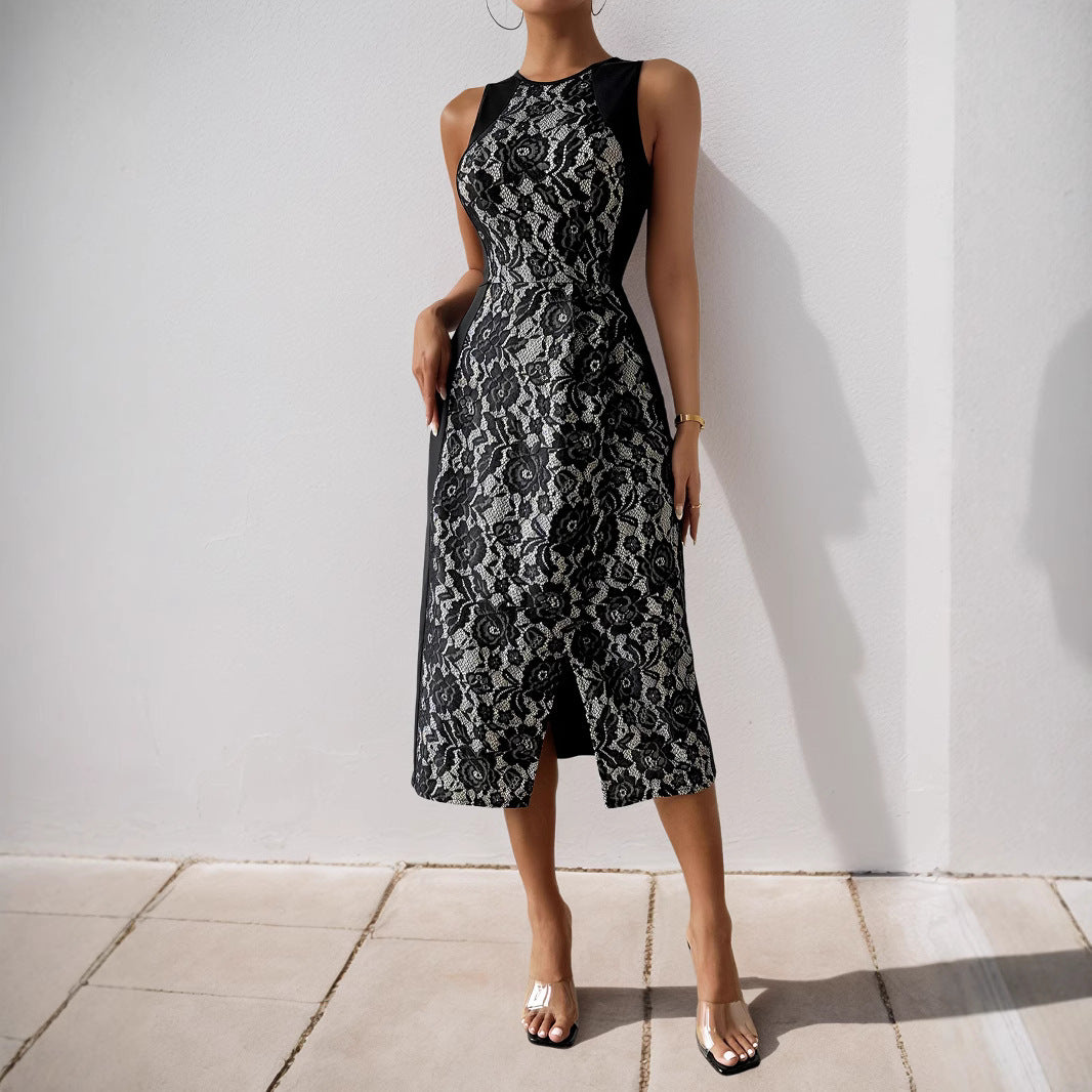Femme Élégant Midi Robe avec Détail en Dentelle et Fente Latérale Chic und Stil