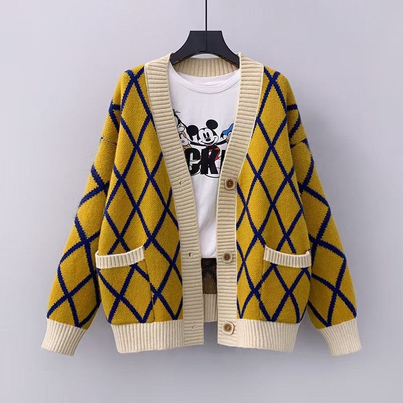 Dames gros tricot cardigan à motifs carreaux Chic und Stil