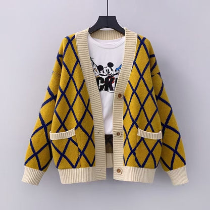 Dames gros tricot cardigan à motifs carreaux Chic und Stil