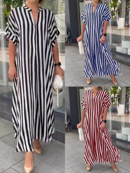 Robe maxi décontractée pour femmes avec motif rayé et col court Chic und Stil