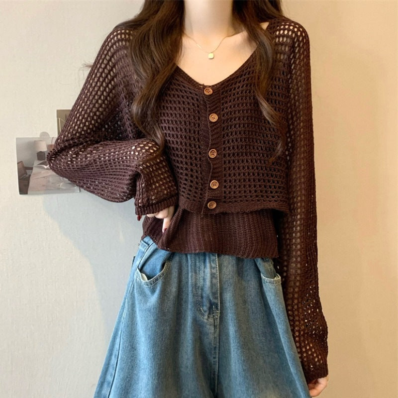 Dames cardigan décontracté en tricot avec motif en filet et fermeture à bouton Chic und Stil