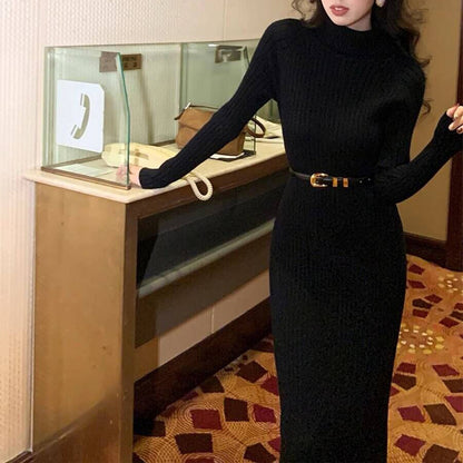 Robe en tricot élégante pour femmes avec col roulé haut et joli motif en côtes Chic und Stil