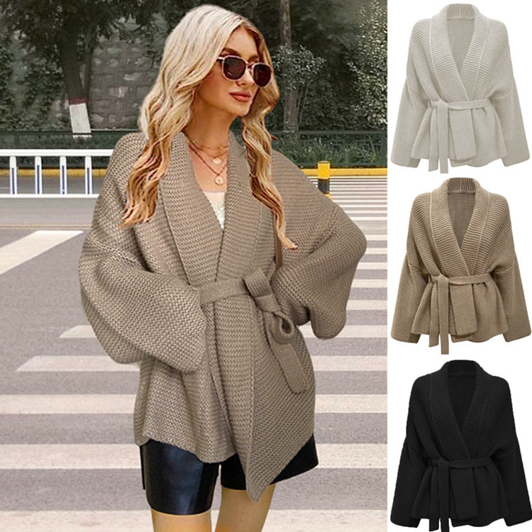 Dames Grosse maille Cardigan avec ceinture et coupe décontractée Chic und Stil