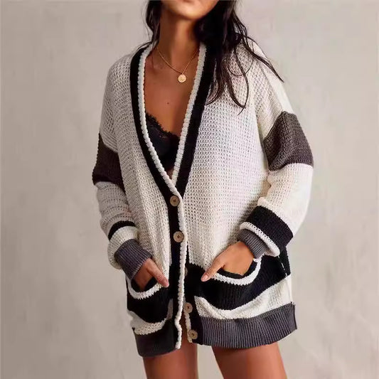 Cardigan en tricot décontracté pour femmes avec grandes poches et rayures contrastées élégantes Chic und Stil
