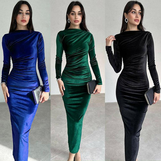 Femmes Robe Longue élégante à manches longues avec design froncé Chic und Stil