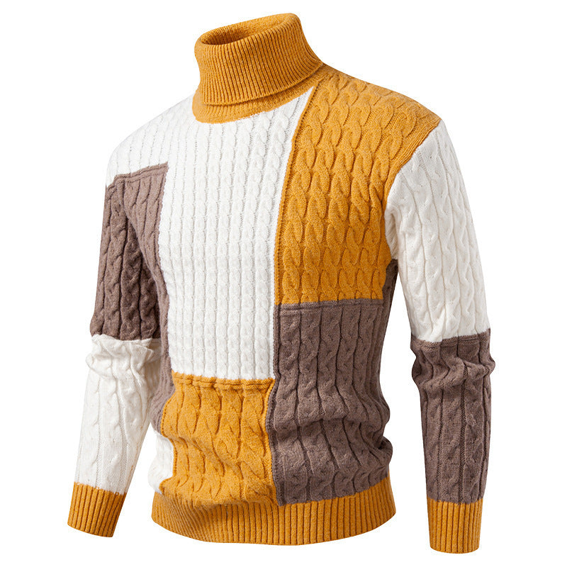 Pull homme hautement encoluré en tricot avec un motif de torsades moderne et des blocs de couleurs attrayants Chic und Stil