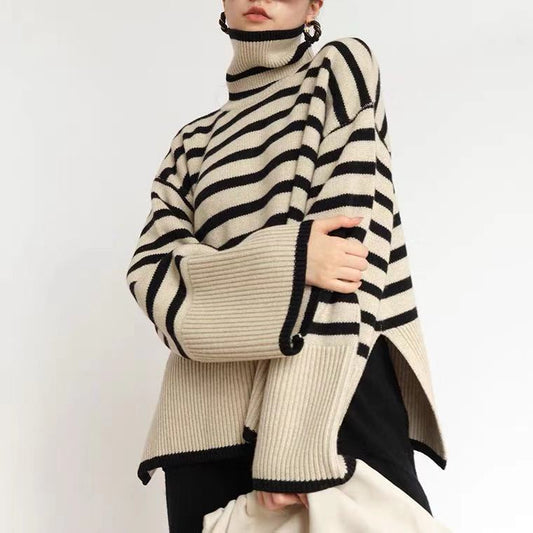 Pull en tricot décontracté pour femmes avec des rayures colorées et un col montant Chic und Stil