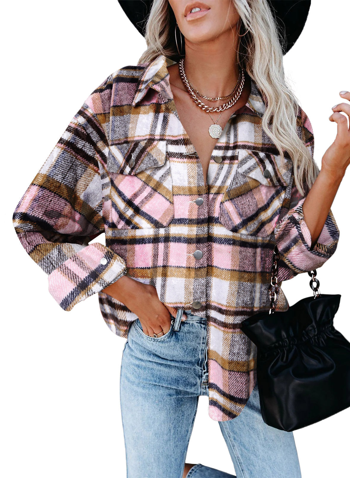 Veste à carreaux pour femmes en style oversize avec fermeture à bouton-pression Chic und Stil