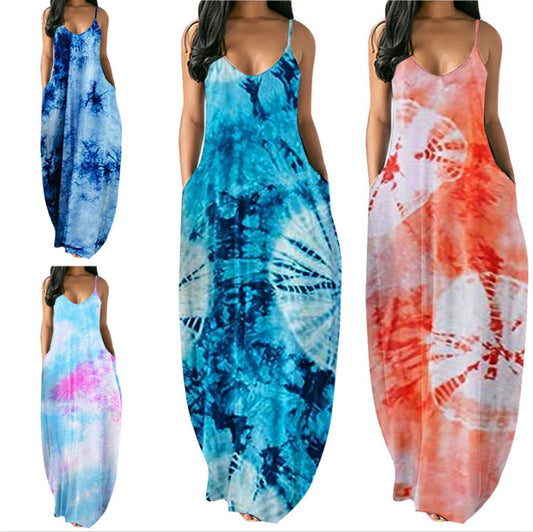 Robe maxi tie-dye bohémienne pour femmes avec poches Chic und Stil