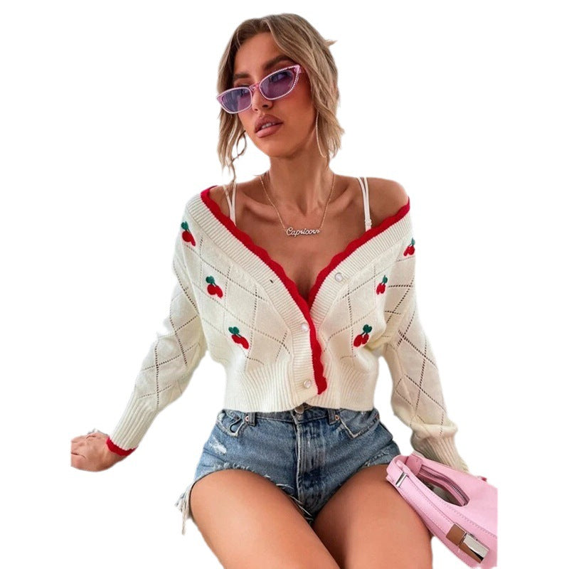 Dames cardigan en tricot épais confortable avec motif cerise décoratif Chic und Stil