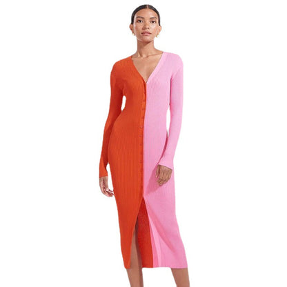 Robes maxi avec design de bouton pour femmes avec décolleté en V profond et texture côtelée Chic und Stil