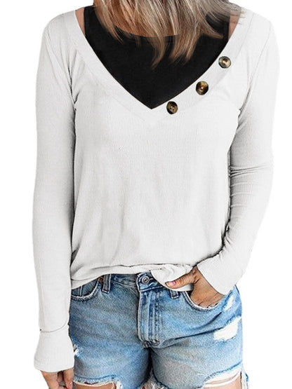 T-shirt à manches longues pour femmes avec décolleté en V et détails de boutons Chic und Stil