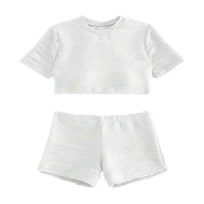 Ladies ribbed texture crop top and high-waisted shorts Chic and Style