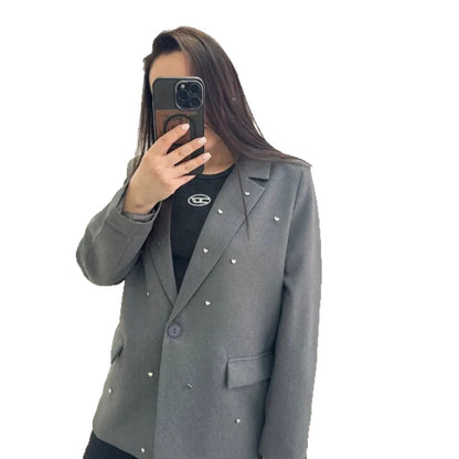 Dames Élégant Blazer Oversize avec Applications en Forme de Cœur Chic und Stil