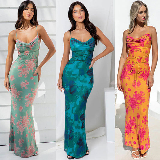 Chic and Stylish Women's Spaghetti Strap Maxi Dress with Draped Collar