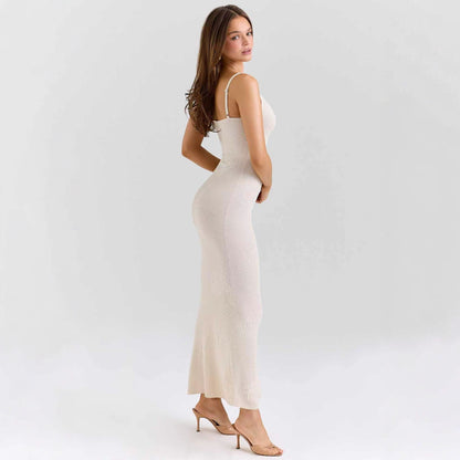 Dames Élégante Robe Maxi avec fines bretelles spaghetti et motif texturé discret Chic und Stil