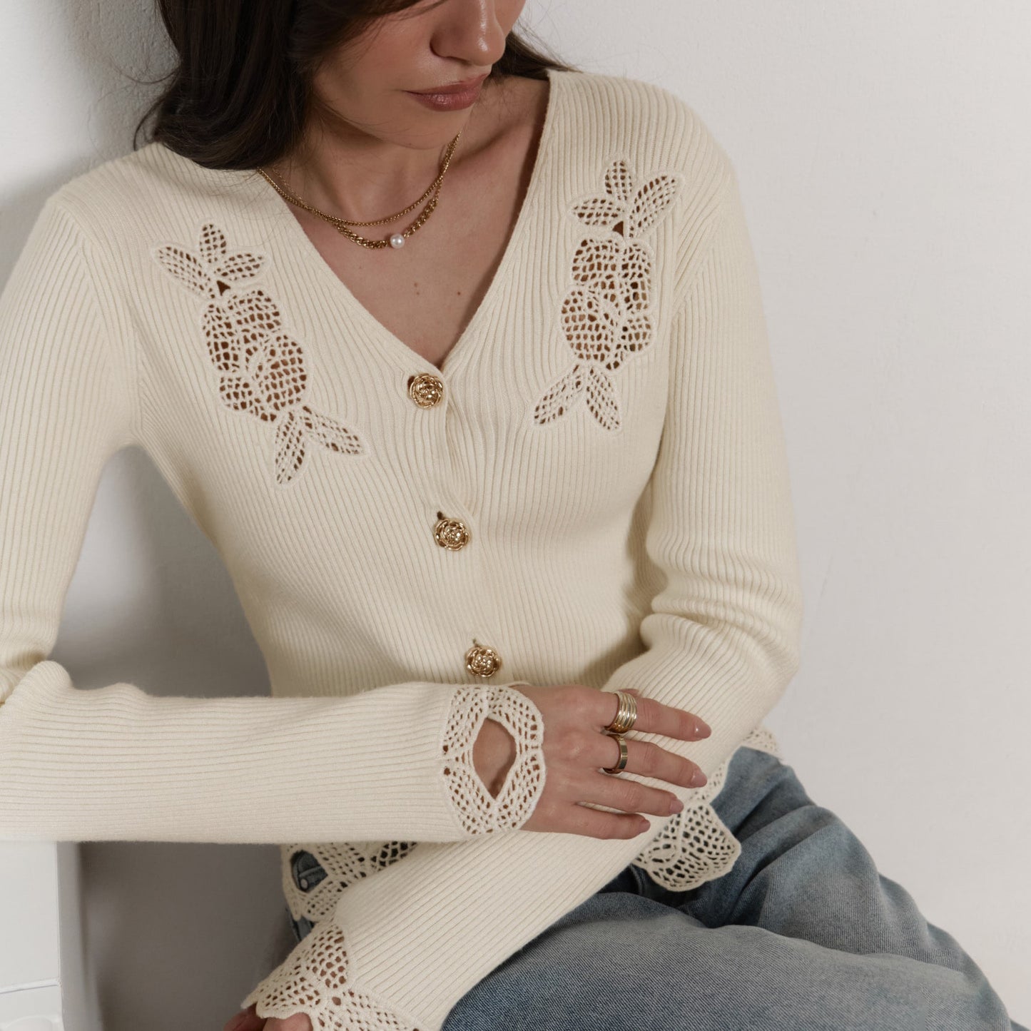 Dames Élégant Gilet en tricot avec Dentelle en crochet Chic und Stil