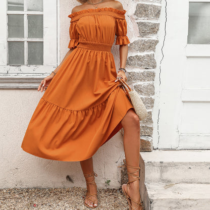 Robe maxi off-shoulder pour dames avec volants et ceinture élastique à la taille Chic und Stil