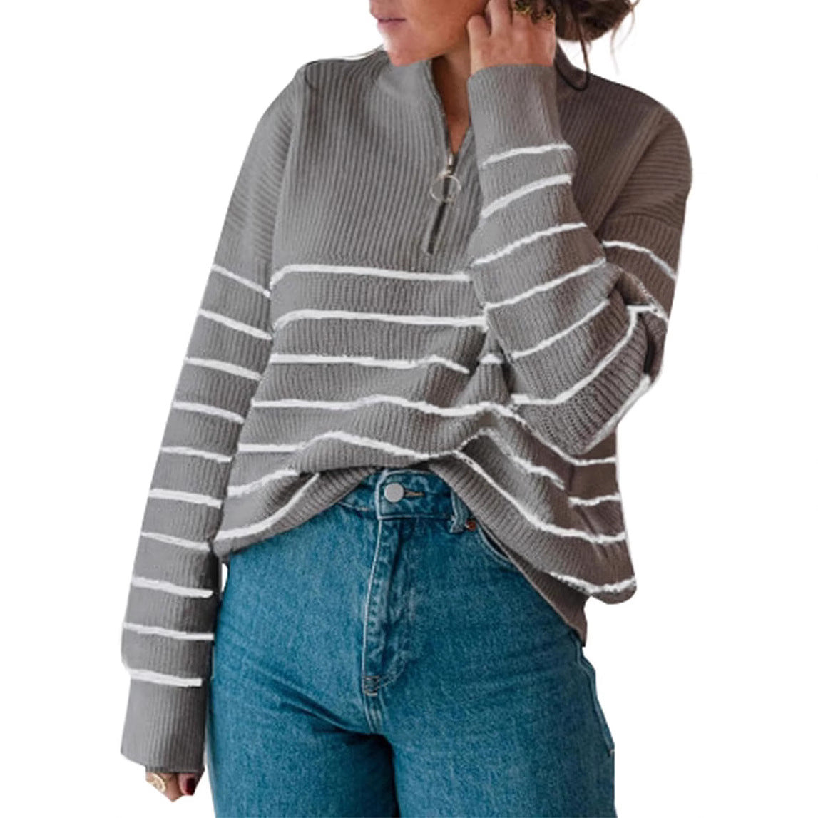 Pull décontracté pour femmes avec fermeture éclair courte et motif à rayures Chic und Stil