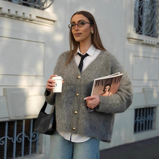 Dames douce et douillette veste tricotée avec boutons dorés Chic und Stil