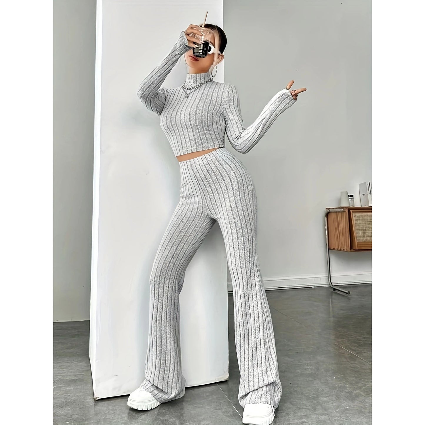 Casual women's clothing in crop-top and flared pants set Chic and Style